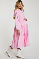 Pink Tiered Collared Maternity Midi Dress