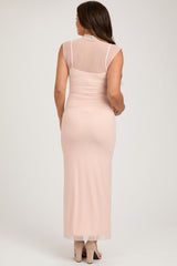 Light Pink Mock Neck Sleeveless Mesh Maternity Midi Dress