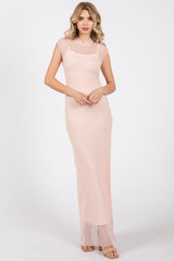 Light Pink Mock Neck Sleeveless Mesh Maternity Midi Dress