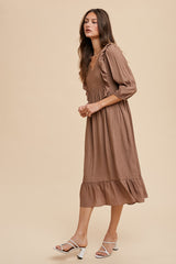 Mocha Ruffle Detail Babydoll Woven Midi Dress