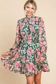 Green Floral Chiffon Poet Sleeves Dress