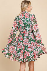 Green Floral Chiffon Poet Sleeves Dress