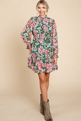 Green Floral Chiffon Poet Sleeves Dress