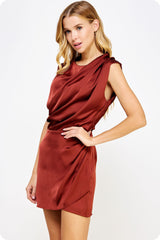 Brown Draped Neckline Sleeveless Satin Dress