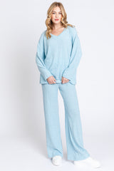 Light Blue Ribbed Soft Knit Long Sleeve Pajama Set