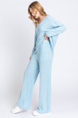 Light Blue Ribbed Soft Knit Long Sleeve Pajama Set