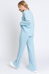 Light Blue Ribbed Soft Knit Long Sleeve Pajama Set