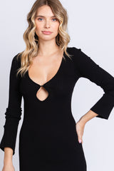 Black Front Cutout Bell Sleeve Ribbed Midi Dress