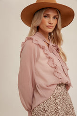 Mauve Front Tied Ruffle Shirring Button Up Chiffon