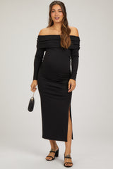 Black Foldover Off Shoulder Front Slit Maternity Midi Dress