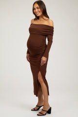 Brown Foldover Off Shoulder Front Slit Maternity Midi Dress