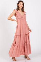 Mauve Smocked Ruffle V-Neck Maxi Dress