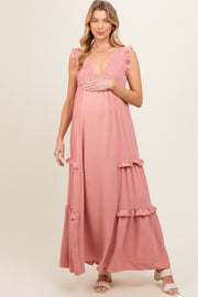 Mauve Smocked Ruffle V-Neck Maternity Maxi Dress