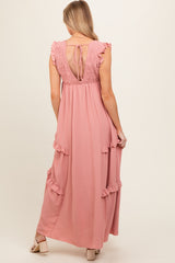 Mauve Smocked Ruffle V-Neck Maternity Maxi Dress