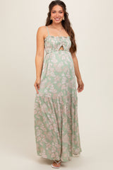 Light Olive Floral Sweetheart Smocked Front Cutout Maternity Maxi Dress