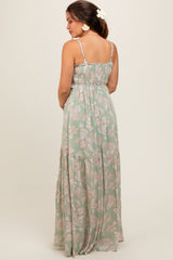 Light Olive Floral Sweetheart Smocked Front Cutout Maternity Maxi Dress