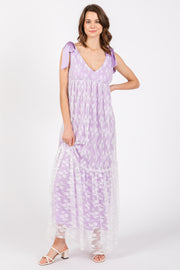 Lavender V-Neck Satin Tie Lace Overlay Maxi Dress