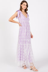 Lavender V-Neck Satin Tie Lace Overlay Maxi Dress