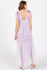 Lavender V-Neck Satin Tie Lace Overlay Maxi Dress