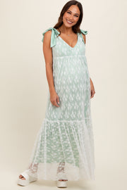 Light Olive V-Neck Satin Tie Lace Overlay Maternity Maxi Dress