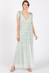 Light Olive V-Neck Satin Tie Lace Overlay Maxi Dress