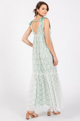 Light Olive V-Neck Satin Tie Lace Overlay Maxi Dress