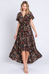 Black Floral Hi-Lo Wrap Maxi Dress