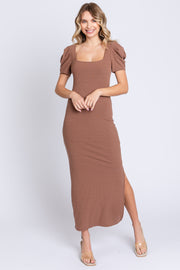 Brown Ribbed Square Neck Side Slit Dress