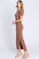 Brown Ribbed Square Neck Side Slit Dress