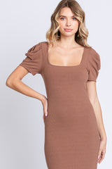 Brown Ribbed Square Neck Side Slit Dress