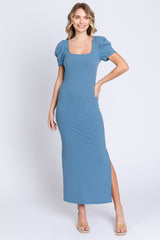 Blue Ribbed Sqaure Neck Side Slit Dress