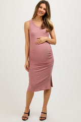 Mauve Sleeveless Ribbed Ruched Maternity Dress