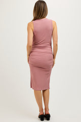 Mauve Sleeveless Ribbed Ruched Maternity Dress