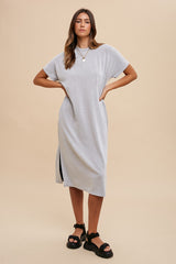 Grey Ribbed Short Dolman Sleeve Side Slit Midi Dress