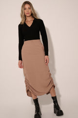 Taupe Solid Drawstring Side Back Elastic Midi Skirt