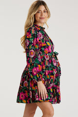 Navy Floral Ruffle Mock Neck Long Sleeve Maternity Dress