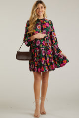 Navy Floral Ruffle Mock Neck Long Sleeve Maternity Dress