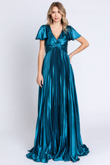 Teal Short Sleeve Pleated Tie Back Maxi Dress