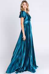 Teal Short Sleeve Pleated Tie Back Maxi Dress