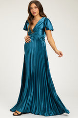 Teal Short Sleeve Pleated Tie Back Maternity Maxi Dress