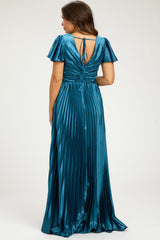 Teal Short Sleeve Pleated Tie Back Maternity Maxi Dress