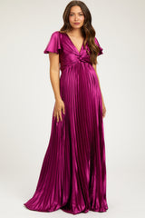 Magenta Short Sleeve Pleated Tie Back Maternity Maxi Dress