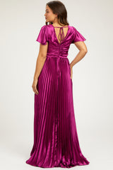 Magenta Short Sleeve Pleated Tie Back Maternity Maxi Dress