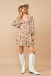 Taupe Floral Smocked Long Sleeve Dress