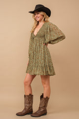 Olive Floral Smocked Long Sleeve Dress