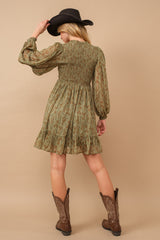 Olive Floral Smocked Long Sleeve Dress