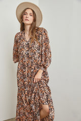 Black Floral Tiered Long Sleeve Dress