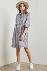 Light Blue Floral Button Front 3/4 Sleeve Dress