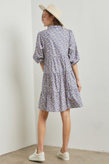 Light Blue Floral Button Front 3/4 Sleeve Dress