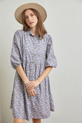 Light Blue Floral Button Front 3/4 Sleeve Dress